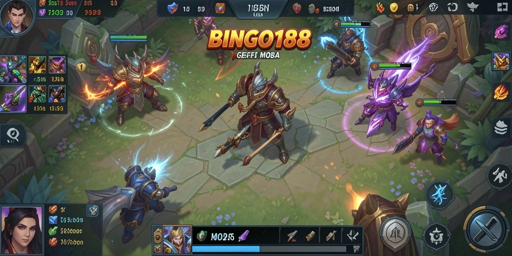 Tangkapan layar utama BINGO188 menampilkan pertarungan seru di arena MOBA.