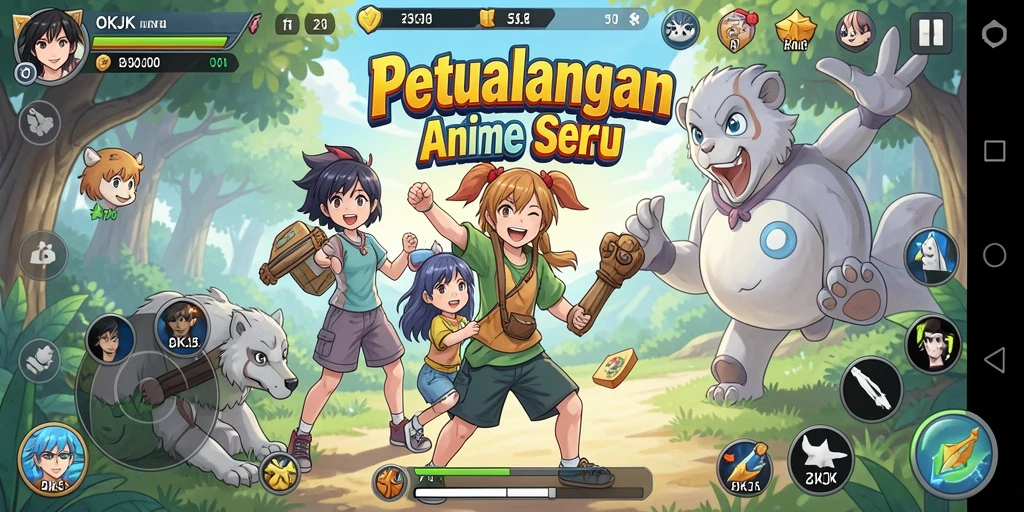 Screenshot menunjukkan aksi seru karakter anime di OKJK.