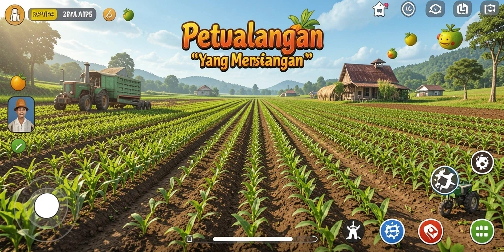 Tampilan gameplay RPVIP5 yang menampilkan ladang yang subur dan hewan ternak.